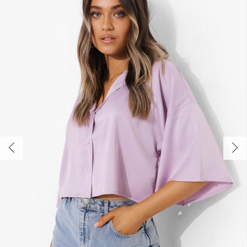 Cropped satin shirt, color is lilic from boohoo